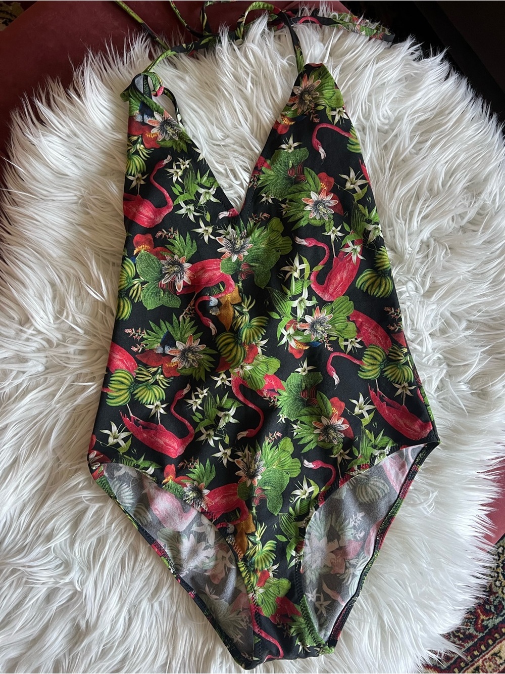Tropical Flamingo One Piece Swimsuit Black Floral Jungle Print Tie Back M - Picture 7 of 7